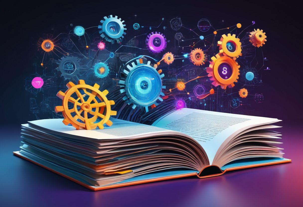 A dynamic collage illustrating various knowledge management tools, including a giant open book symbolizing knowledge, gears representing strategies, and icons of data analysis like charts and graphs. The background features a futuristic digital landscape with streaming data flows and vibrant nodes of information interconnected, showcasing effective data utilization. The color palette should be bright and engaging, with a modern, tech-inspired vibe. super-realistic. vibrant colors. digital art.